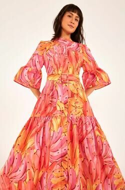 Farm Rio Bananas Midi Dress Womens XS Pink Ombre Orange Bell Sleeve Tiered Boho